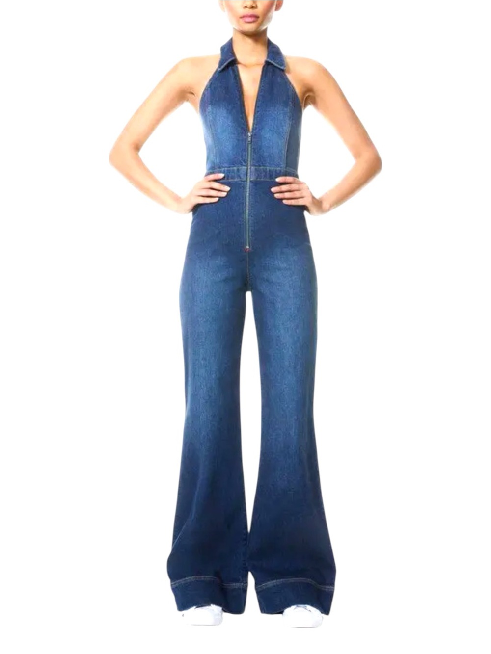 Alice + Olivia Designer Denim Gorgeous Halter Neck Zipper Front Jeans Jumpsuit